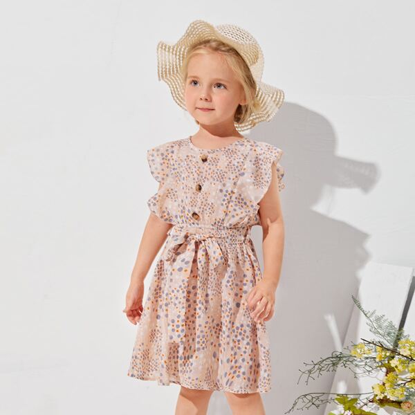 

Toddler Girls Ruffle Trim Belted Allover Print Dress, Dusty pink