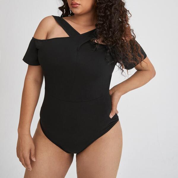 

Plus Solid Cold Shoulder Bodysuit, Black