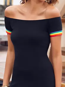 SHEIN VCAY 露肩彩虹條紋袖連衣裙 - 藏蓝色 - 查看 4