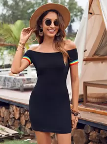 SHEIN VCAY 露肩彩虹條紋袖連衣裙 - 藏蓝色 - 查看 5