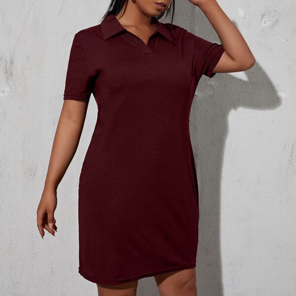 

Plus Polo Neck Rib-knit Tee Dress, Maroon