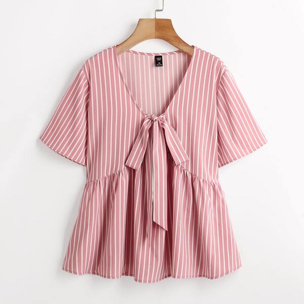 

Plus Striped Knot Front Babydoll Blouse, Baby pink