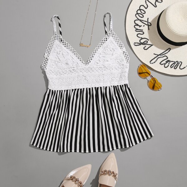 

Plus Striped Lace Panel Cami Top, Black and white