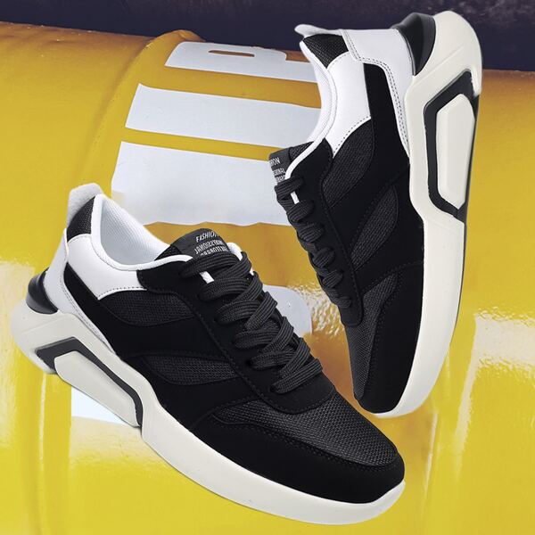 

Men Lace-up Front Two Tone Chunky Sneakers, Black and white