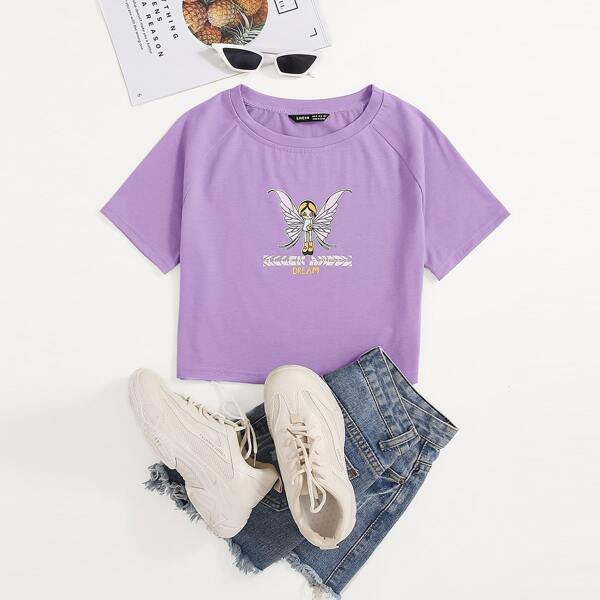 

Letter & Cartoon Graphic Crop Tee, Lilac purple