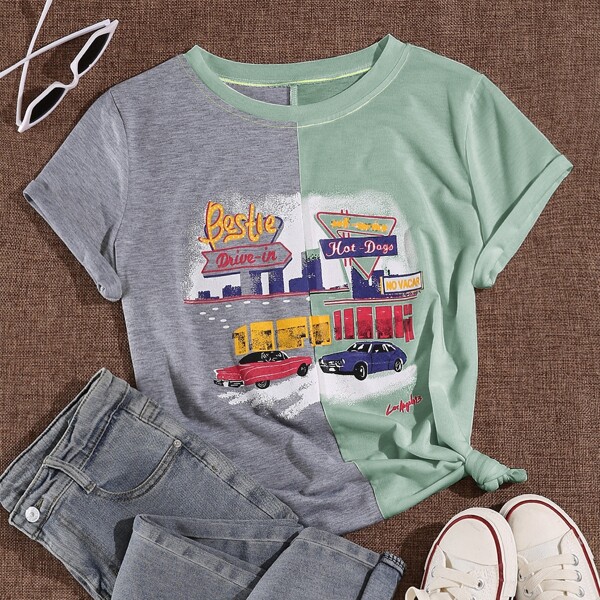 

Car & Letter Graphic Colorblock Tee, Multicolor