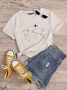 地圖圖案短袖T恤 - 淺灰色 - 查看 1