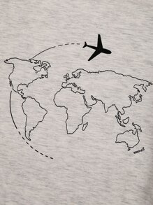 地圖圖案短袖T恤 - 淺灰色 - 查看 3