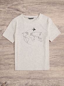 地圖圖案短袖T恤 - 淺灰色 - 查看 4