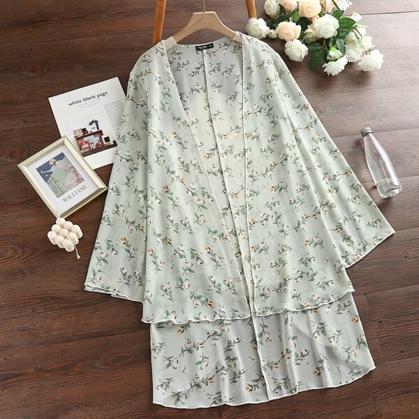 

Plus Floral Print Kimono, Mint green