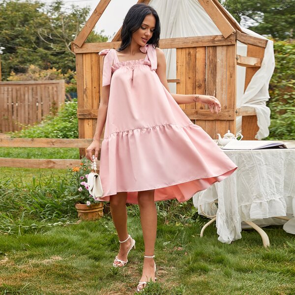 

Solid Tie Shoulder Ruffle Hem Cami Dress, Baby pink