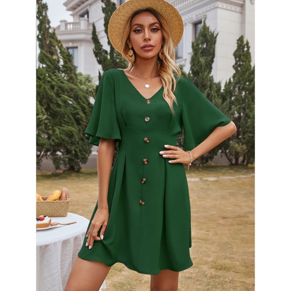 

Butterfly Sleeve Button Front A-line Dress, Dark green