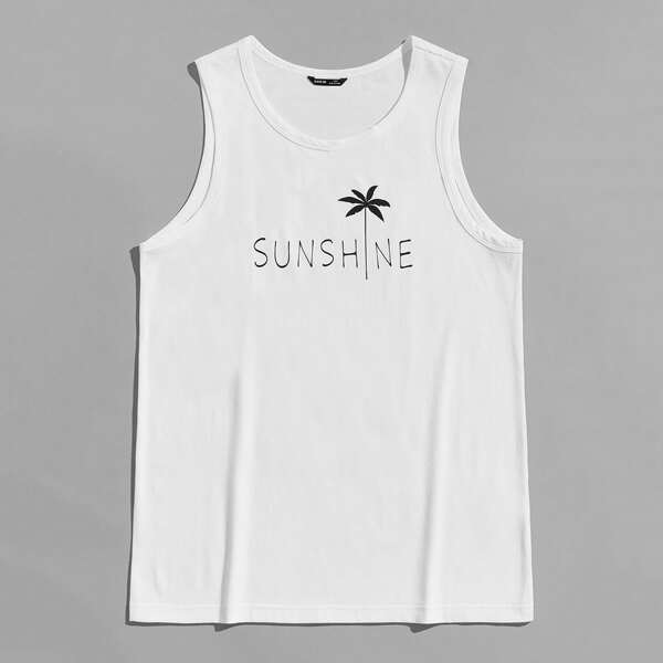 

Men Letter and Tropical Print Tank Top, White