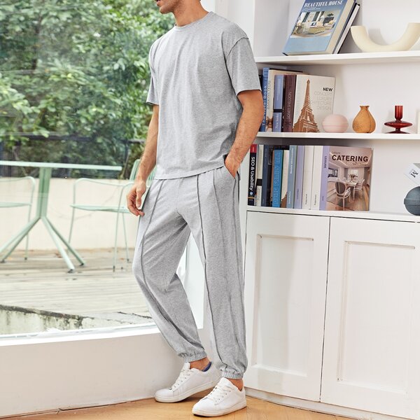 

Men Round Neck Tee & Inverted Seam Sweatpants Set, Light grey