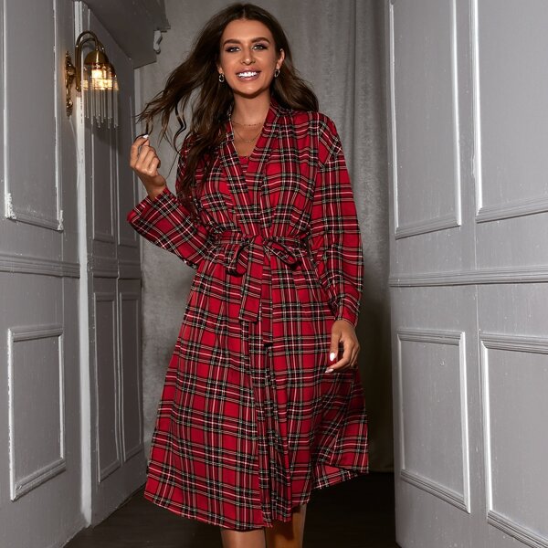 

Tartan Print Belted Night Robe, Burgundy