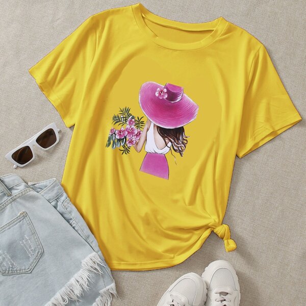 

Plus Figure And Flower Print Tee, Yellow