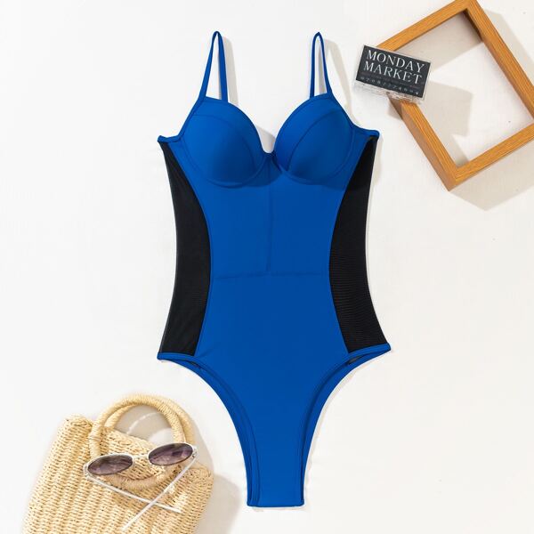 

Contrast Mesh Push Up One Piece Swimsuit, Blue