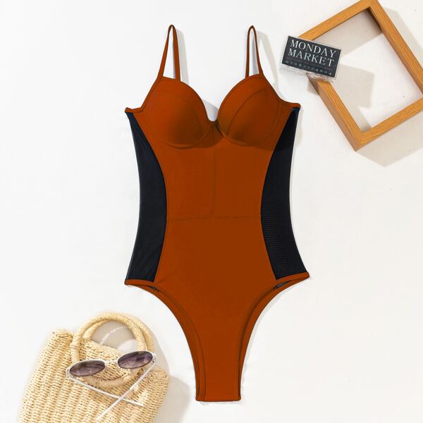 

Contrast Mesh Push Up One Piece Swimsuit, Rust brown