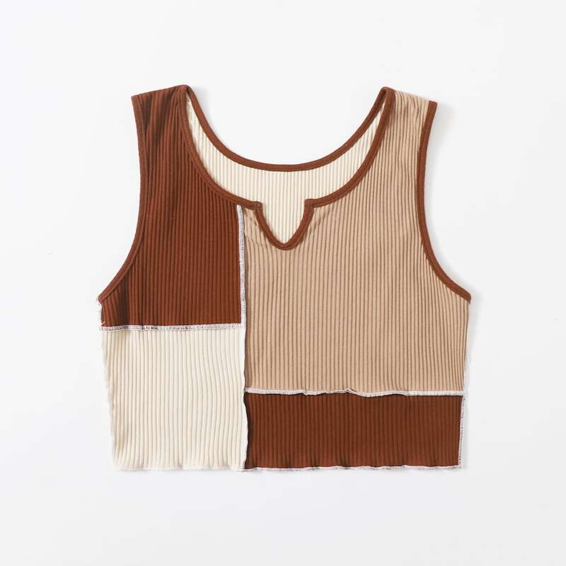 

Stitching Trim Colorblock Ribbed Tank Top, Multicolor