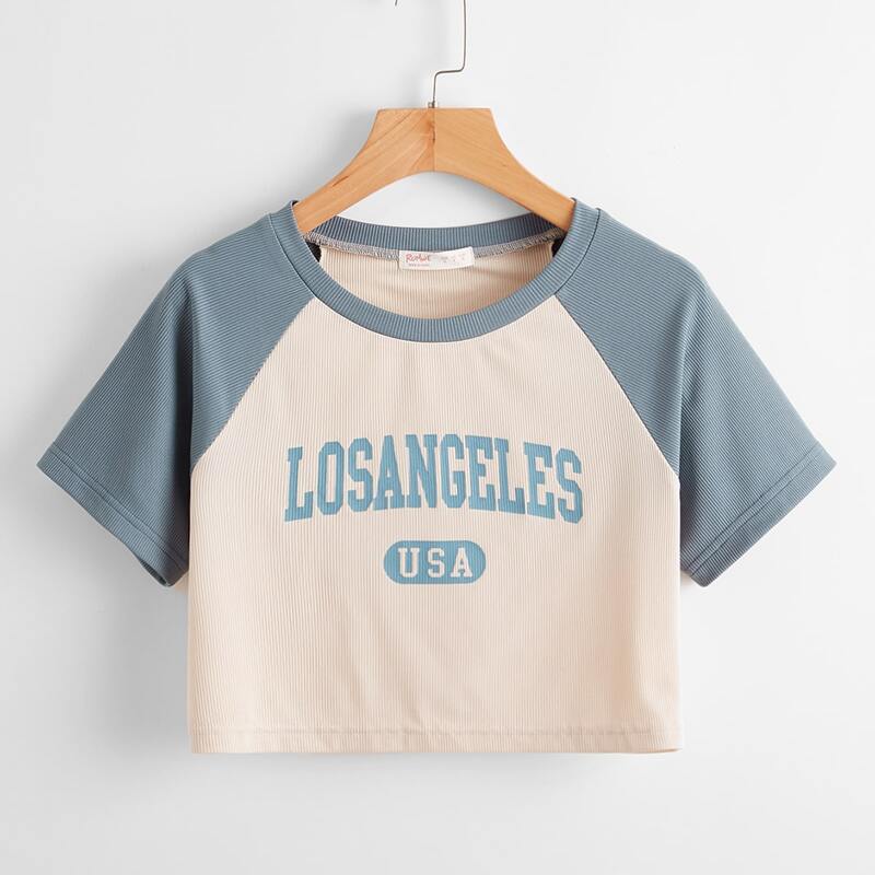 

Letter Colorblock Ribbed Crop Tee, Multicolor