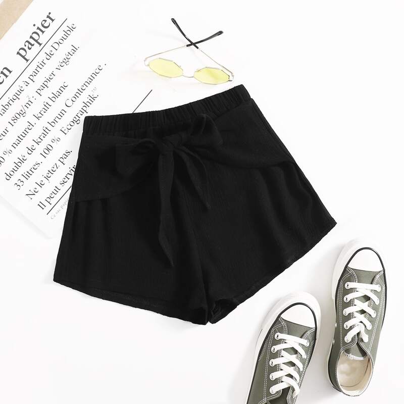 

Tie Front Solid Shorts, Black