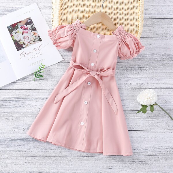 

Toddler Girls Off Shoulder Puff Sleeve Belted Dress, Baby pink