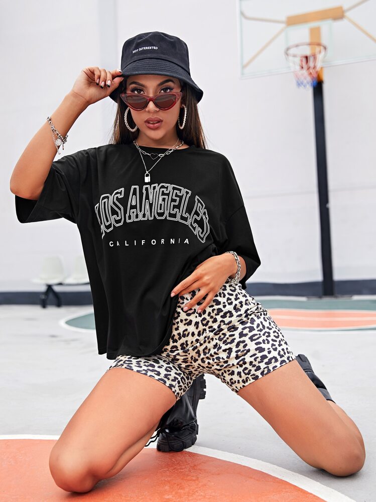 Muchica Drop Shoulder Letter Graphic Top & Leopard Biker Shorts Set - Multicolor - View 1