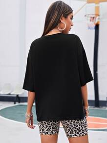 Muchica Drop Shoulder Letter Graphic Top & Leopard Biker Shorts Set - Multicolor - View 2