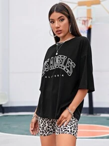 Muchica Drop Shoulder Letter Graphic Top & Leopard Biker Shorts Set - Multicolor - View 3