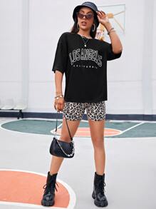Muchica Drop Shoulder Letter Graphic Top & Leopard Biker Shorts Set - Multicolor - View 4