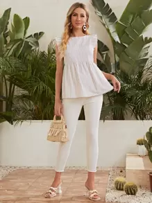 SHEIN Camisa De Saliente Maternidad Sin Respaldo Con Volantes En Las Sisas Y Cintas Para Anudar, Blusa Peplo A Rayas - Multicolor - Ver 3