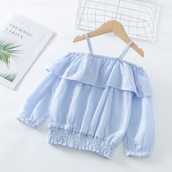 

Toddler Girls Ruffle Trim Cold Shoulder Stripe Blouse, Baby blue