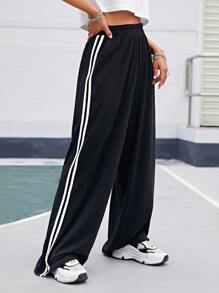 SHEIN EZwear 彈性腰身側條紋寬管褲子 - 黑色 - 查看 1