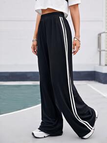 SHEIN EZwear 彈性腰身側條紋寬管褲子 - 黑色 - 查看 3