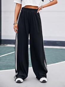 SHEIN EZwear 彈性腰身側條紋寬管褲子 - 黑色 - 查看 4