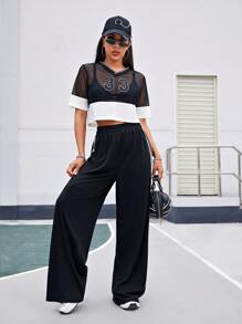 SHEIN EZwear 彈性腰身側條紋寬管褲子 - 黑色 - 查看 5