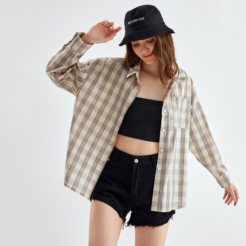 

Plaid Button Front Pocket Blouse, Multicolor