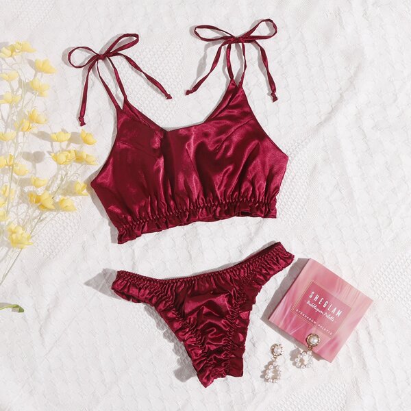 

Frill Trim Satin Lingerie Set, Burgundy