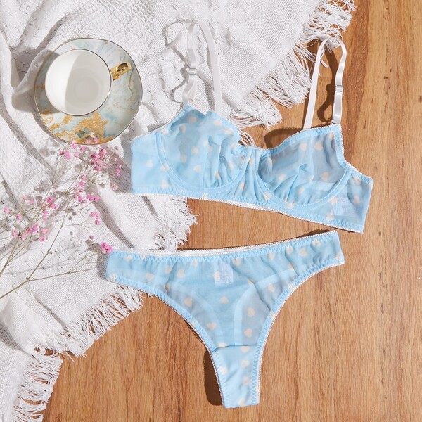 

Heart Pattern Mesh Underwire Lingerie Set, Baby blue