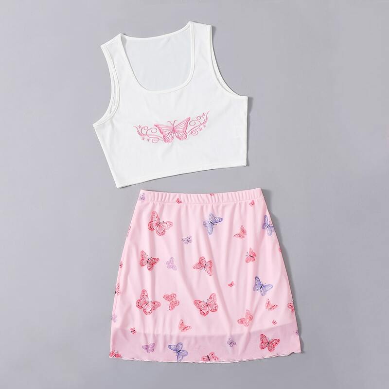 

Butterfly Embroidery Ribbed Tank Top & Skirt, Multicolor