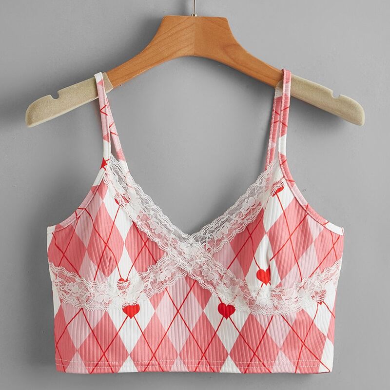 

Lace Insert Argyle Pattern Crop Cami, Multicolor