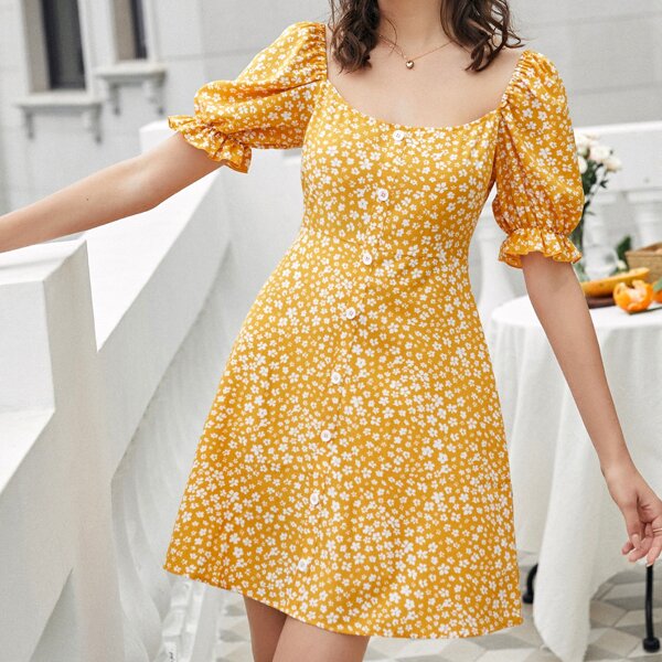 

Button Front Ditsy Floral Print Dress, Yellow