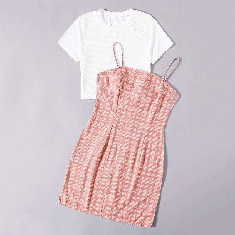 

Solid Ribbed Tee & Plaid Dress, Multicolor