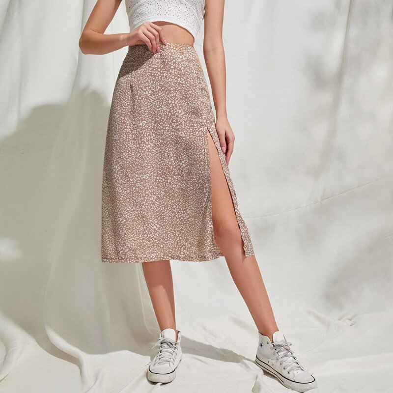 

Allover Print Split Midi Skirt, Brown