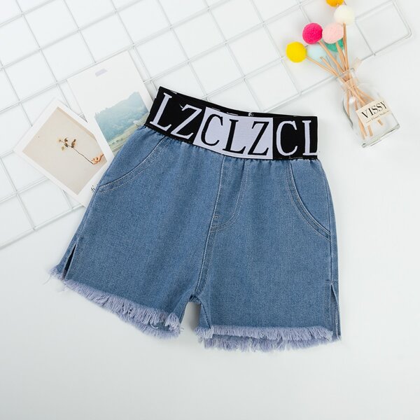 

Girls Letter Tape Waist Raw Hem Denim Shorts, Medium wash