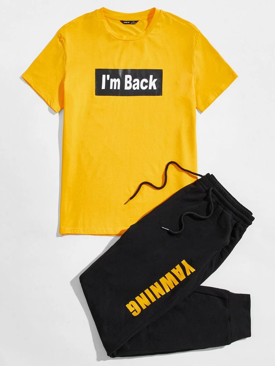 Manfinity Men Letter Graphic Tee & Drawstring Waist Sweatpants Set - Multicolor - View 1