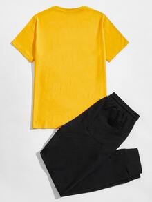 Manfinity Men Letter Graphic Tee & Drawstring Waist Sweatpants Set - Multicolor - View 2