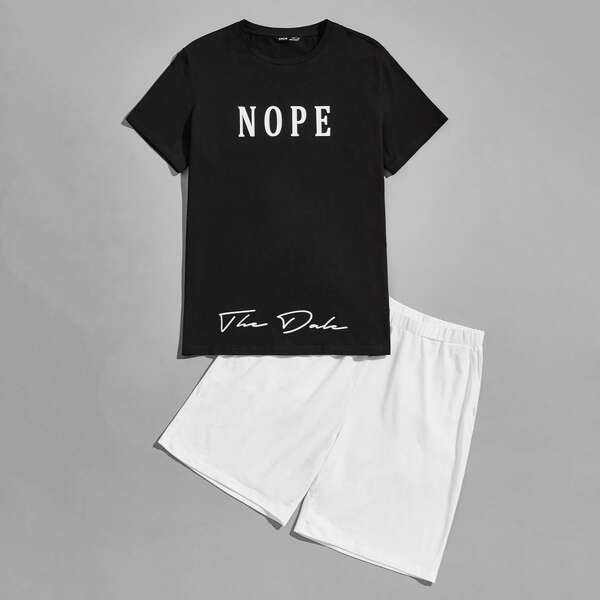 

Men Letter Graphic Tee & Shorts PJ Set, Black and white