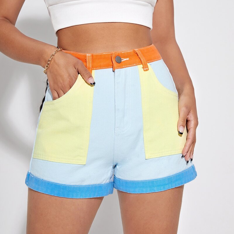 

High Waist Slant Pocket Colorblock Denim Shorts, Multicolor