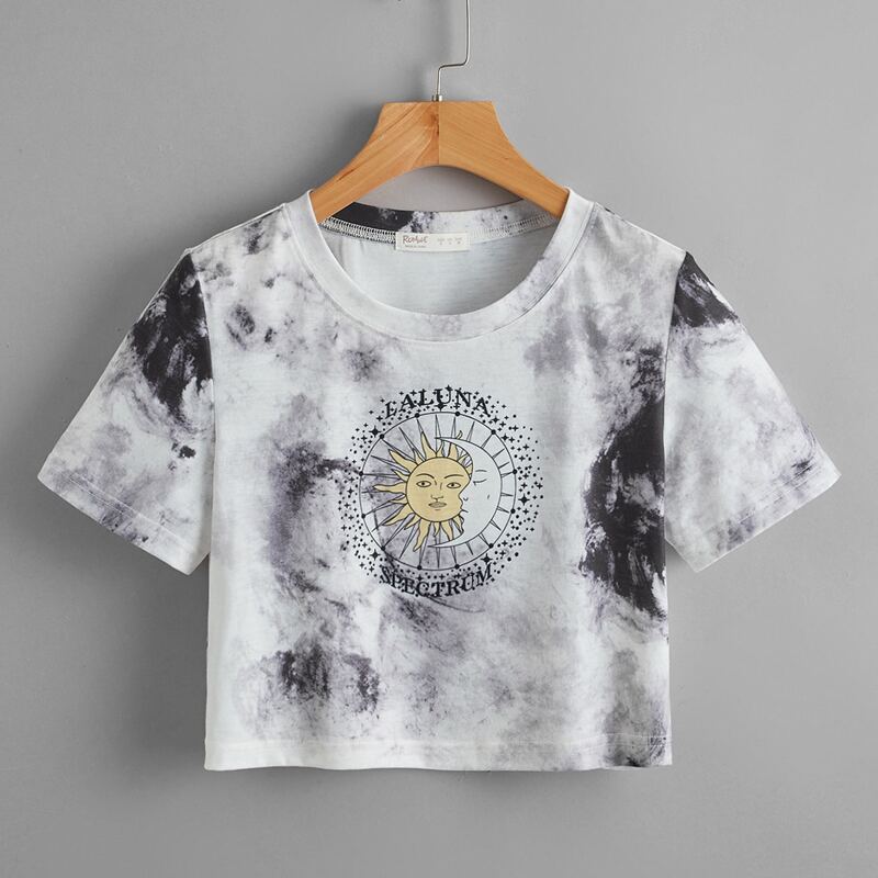 

Sun & Moon Graphic Tie Dye Crop Tee, Black and white
